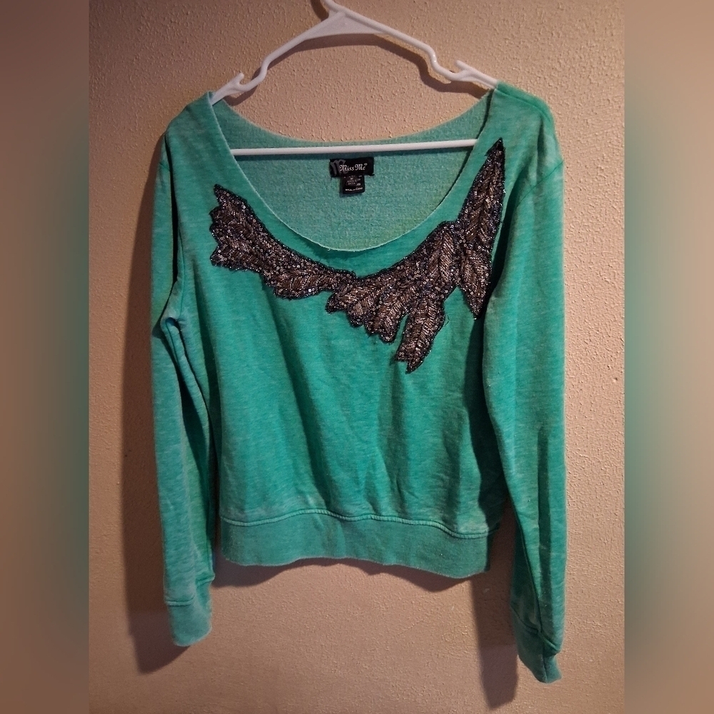 Miss Me Teal Green Beaded Embroidered Sweatshirt Y2k M